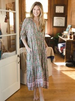 Natural Life Rebecca Tiered Dress - Light Green Floral Border