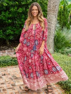 Natural Life Auguste Boho Maxi Dress - Red Pink Border 9 Natural Life Auguste Boho Maxi Dress - Red Pink Border -Natural Life Shop VP3A1698 1