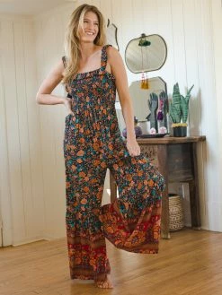 Natural Life Megan Smocked Jumpsuit - Navy Red Floral Border -Natural Life Shop VP3A1755