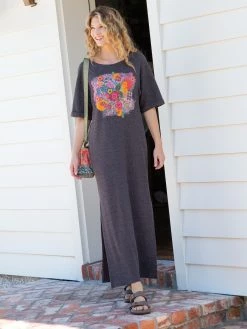 Natural Life Graphic Tee Maxi Dress - Charcoal Floral Bouquet