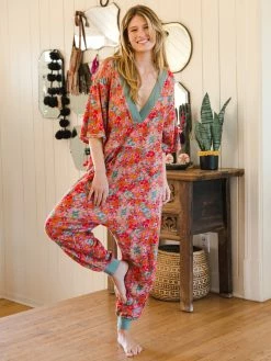 Natural Life Charlie V-Neck Jumpsuit - Bright Pink Floral -Natural Life Shop VP3A3094