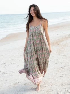 Natural Life Madi Long Slip Dress - Light Green Floral Border