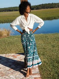 Natural Life Meadow Smocked Midi Skirt - Teal Border