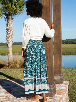 Natural Life Meadow Smocked Midi Skirt - Teal Border -Natural Life Shop VP3A7039