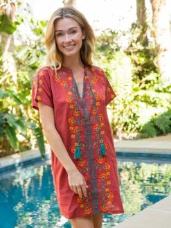 Natural Life Embroidered Tassel Dress - Rust
