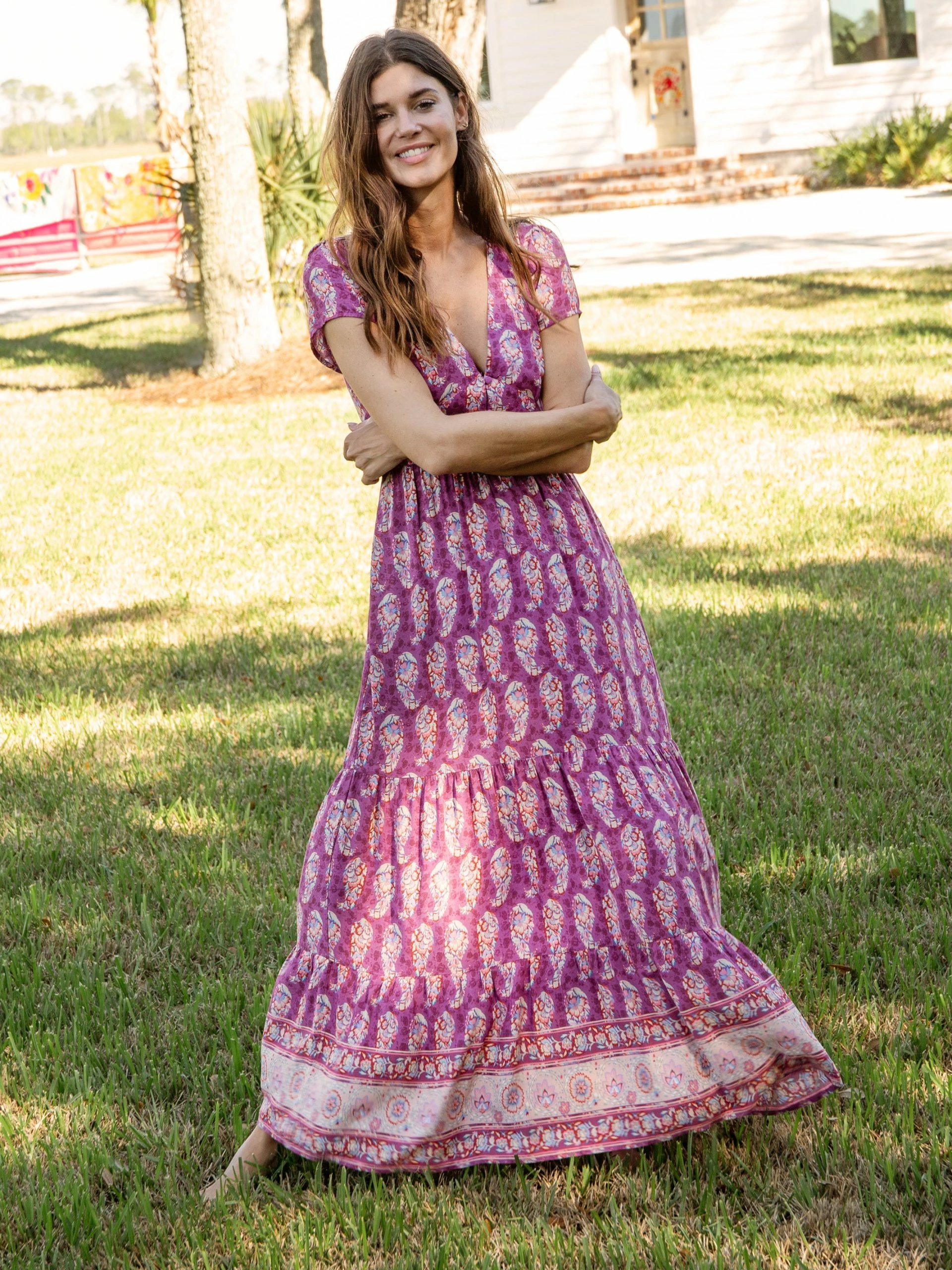 Natural Life Evangeline V-Neck Maxi Dress - Purple Border 5 Natural Life Evangeline V-Neck Maxi Dress - Purple Border - Image 3