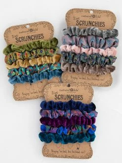 Natural Life Print And Velvet Scrunchies, Set Of 5 - Sage